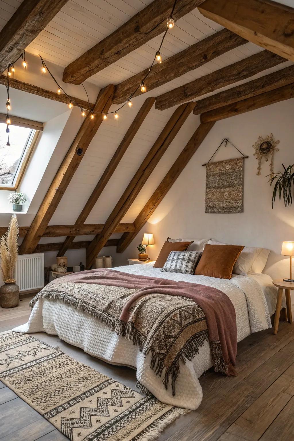 An attic bedroom showcases its beautiful exposed wooden beams.
