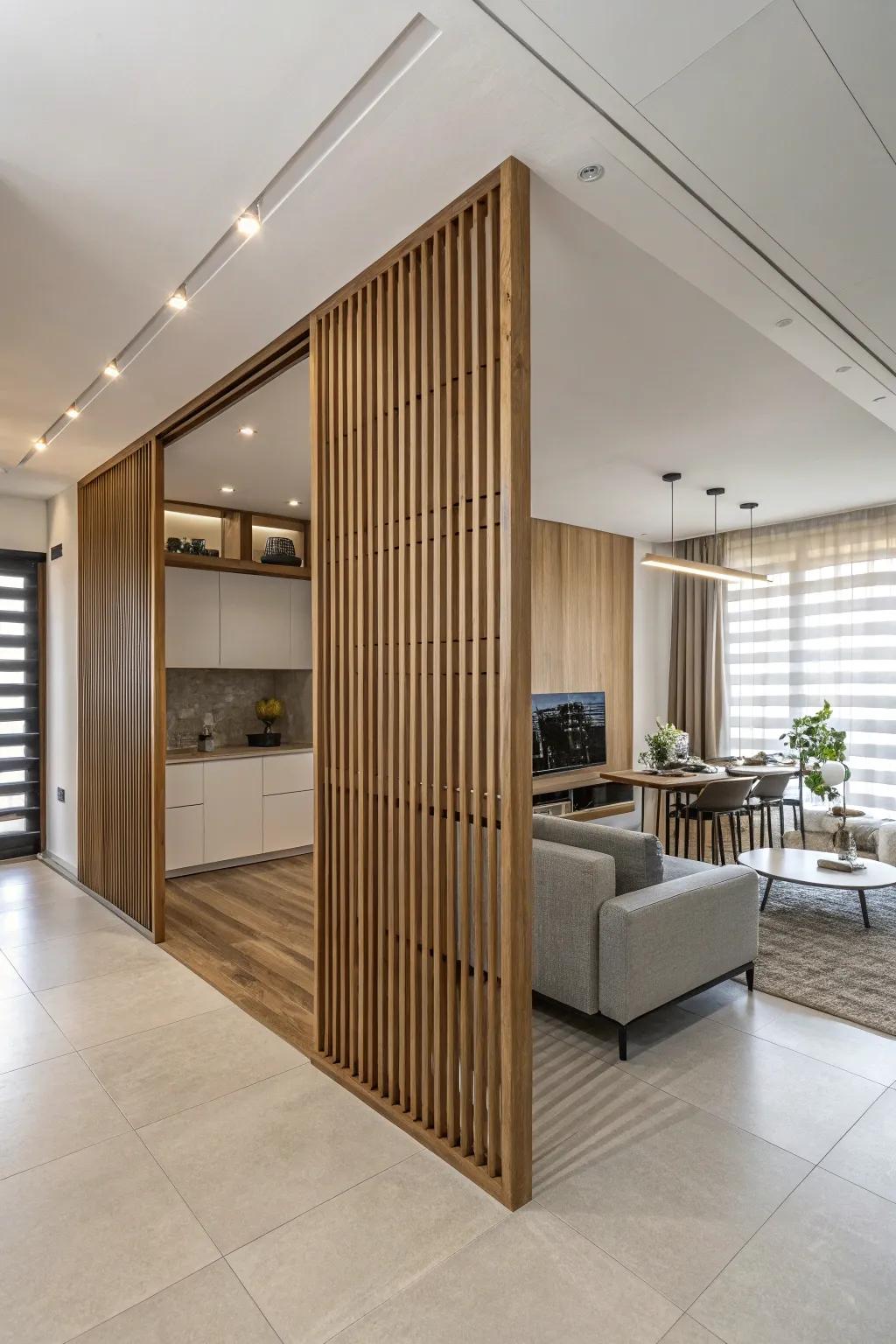 An expansive layout leveraging a wooden strip wall as a fashionable zone separator.