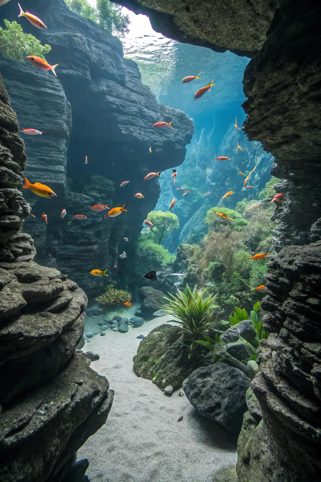 Fish having fun with their graystone grotto shelters.