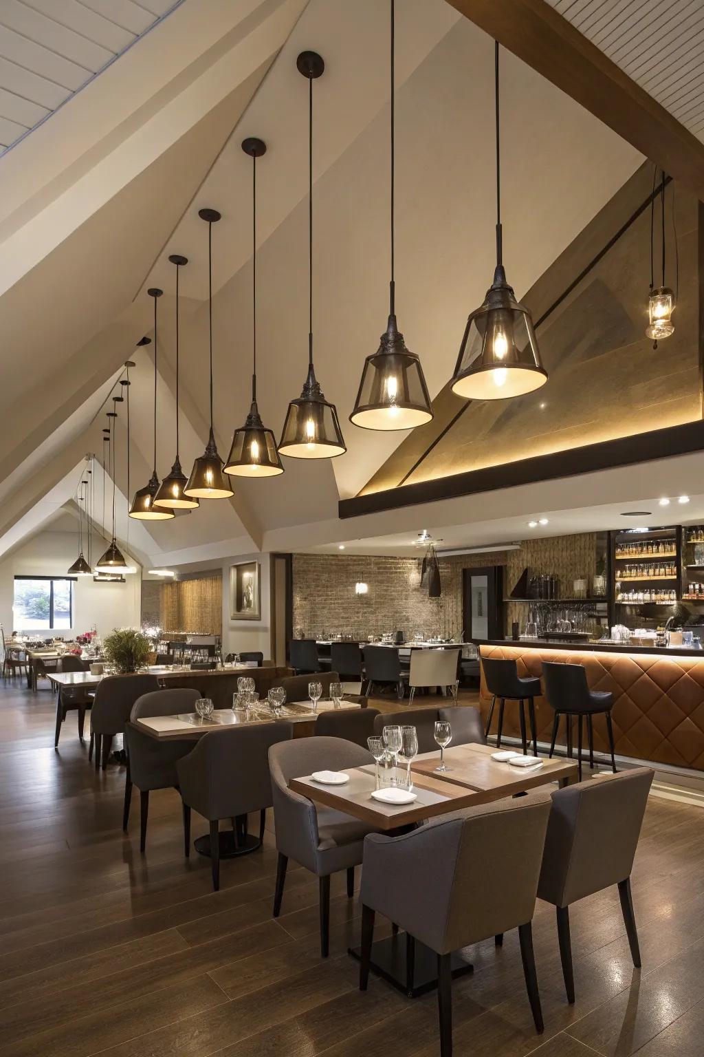 Adjustable pendant lights add depth and interest to sloped ceilings.