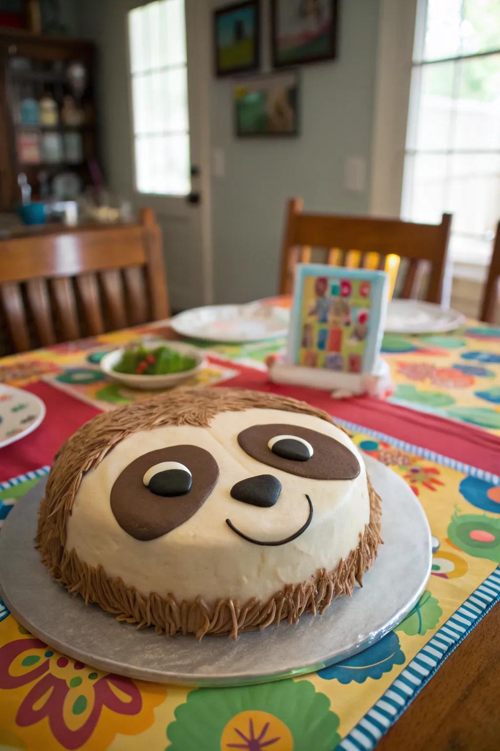 A slumbering creature visage cake radiates friendliness and amusement.