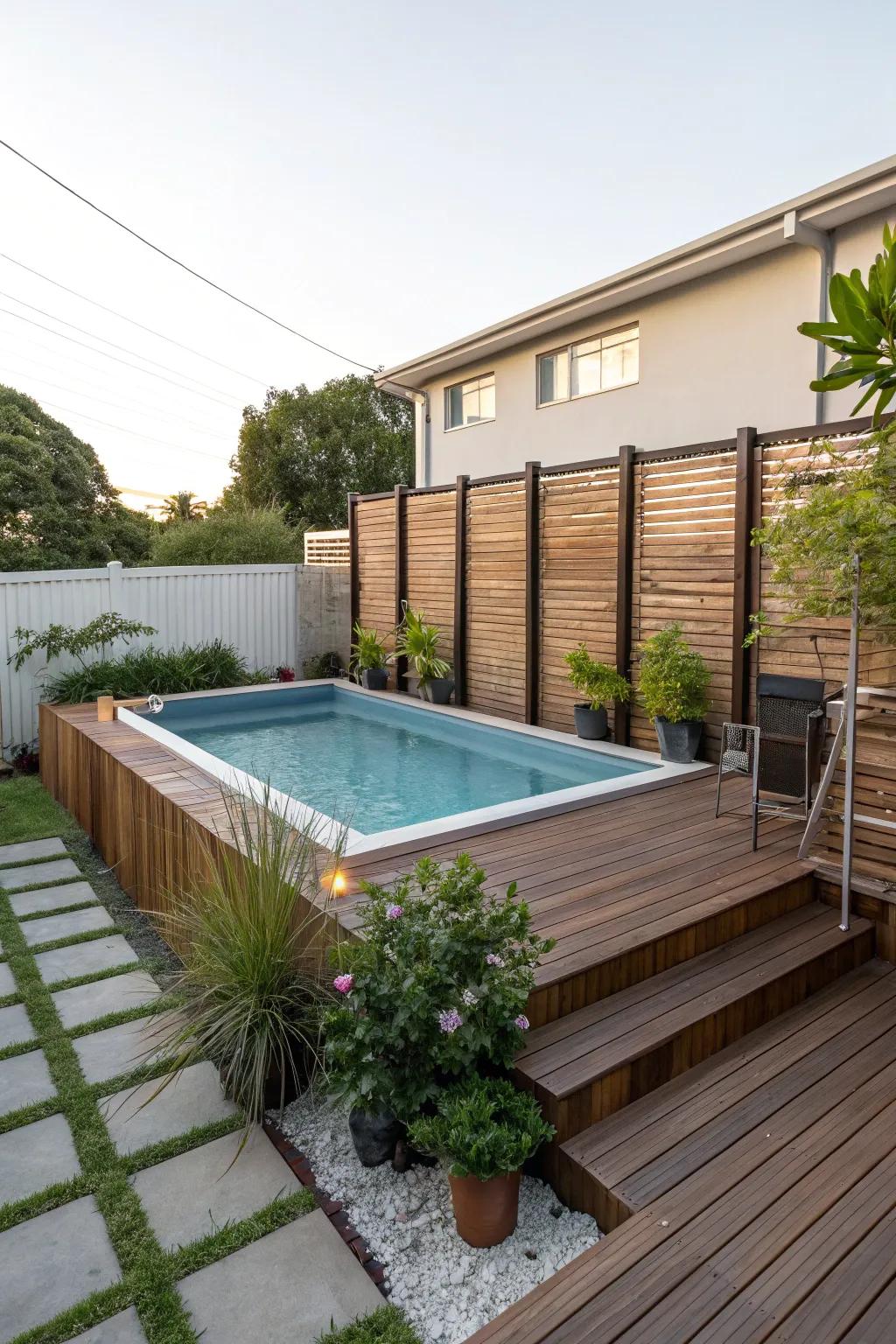 Elegant above-ground pool with refined deck.