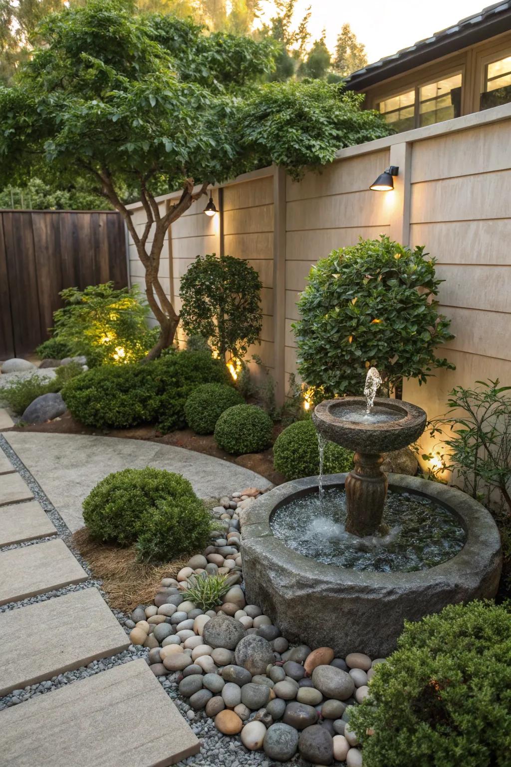 A serene backyard zen garden includes a delicate water fountain encompassed by verdant flora.