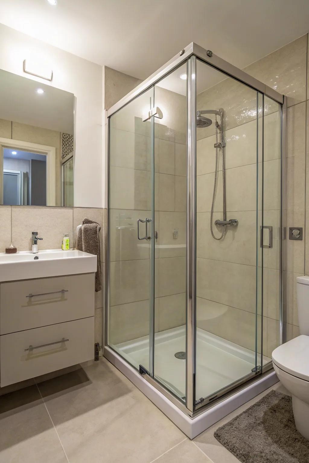 A walk-in shower design enhances space in a compact bathroom.