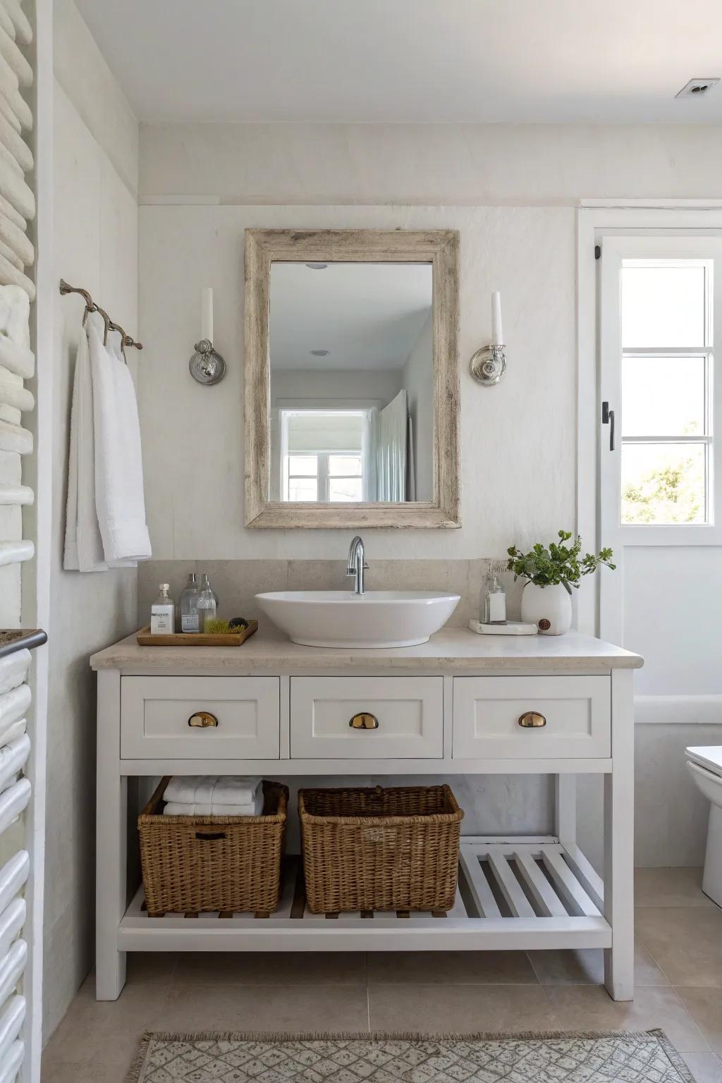 A simple organizer that gives a small bathroom a sense of elegance and simplicity.