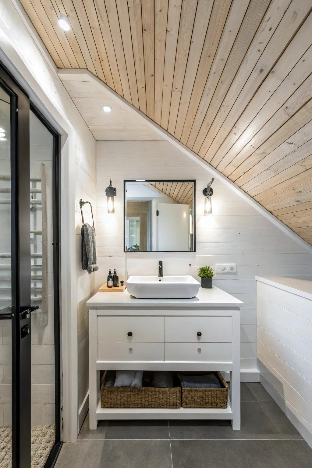 A well-lit bathroom featuring a whitewashed wood ceiling that imparts a feeling of spaciousness.