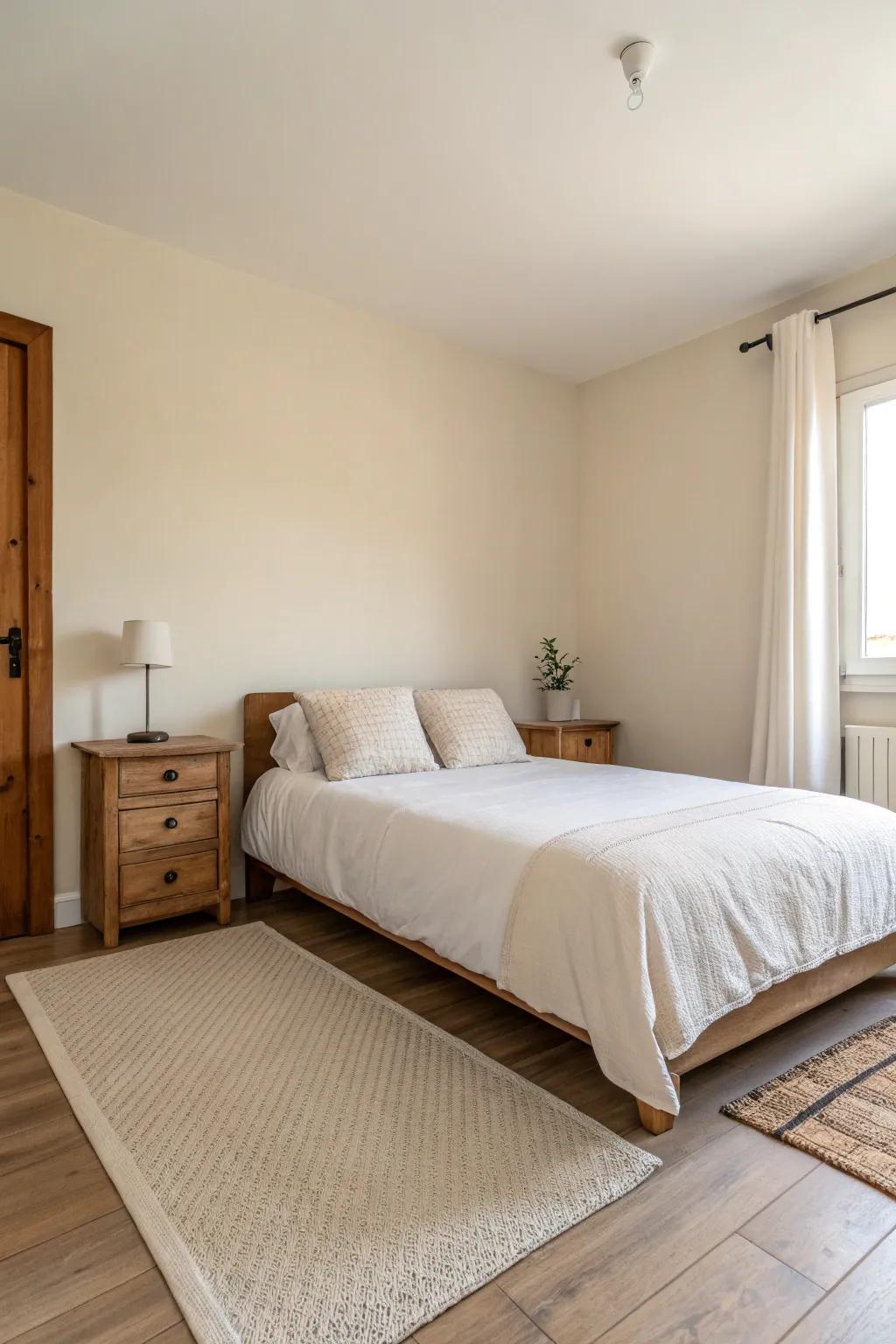 A minimalist small bedroom featuring refined lines and peaceful neutral shades.