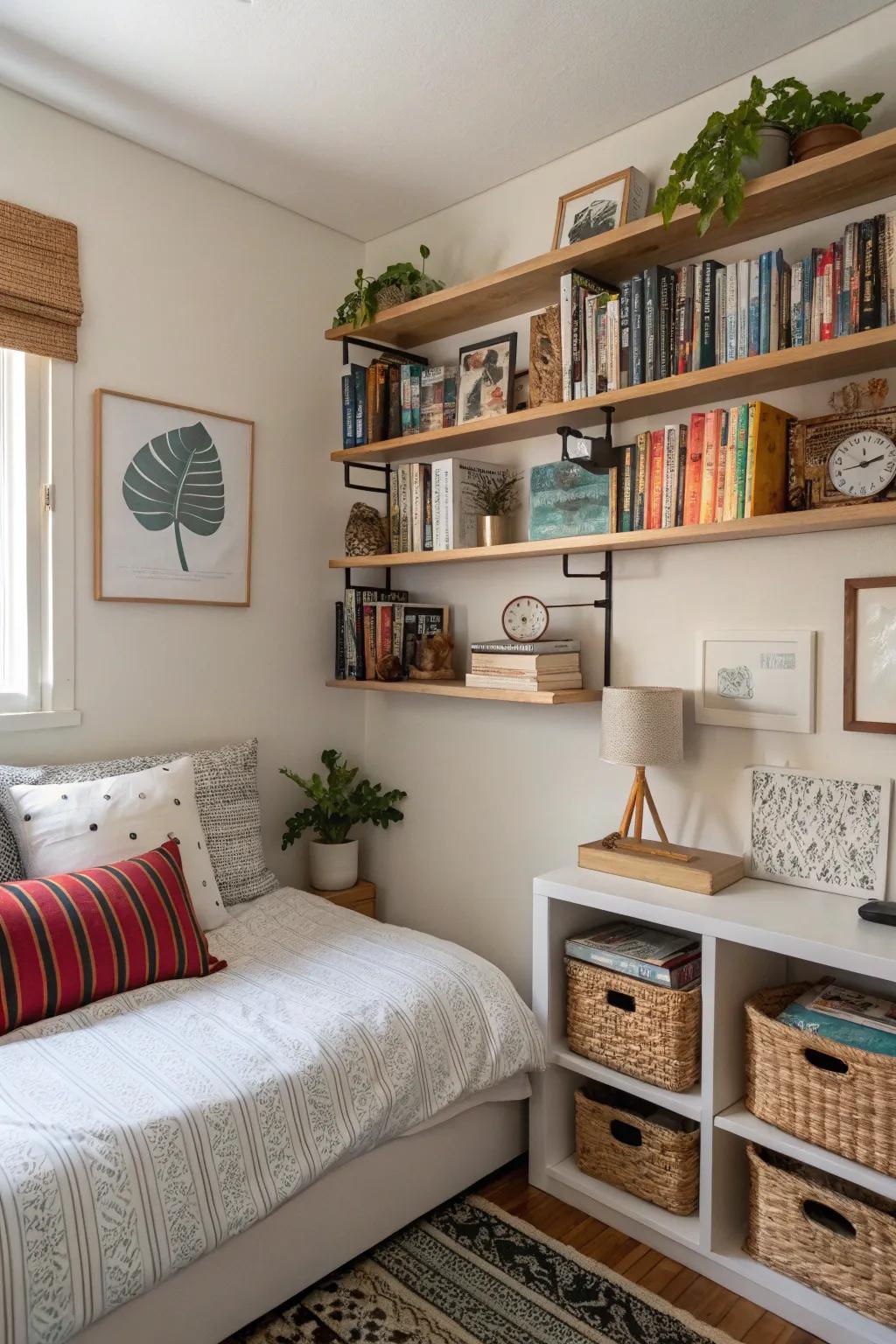Wall-mounted shelves enhance both space and style.