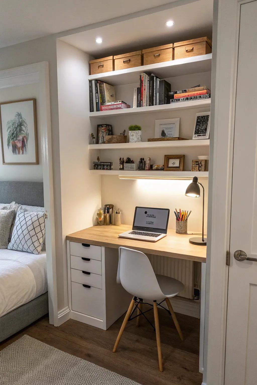 Shelves built into the wall make the most of the vertical space.