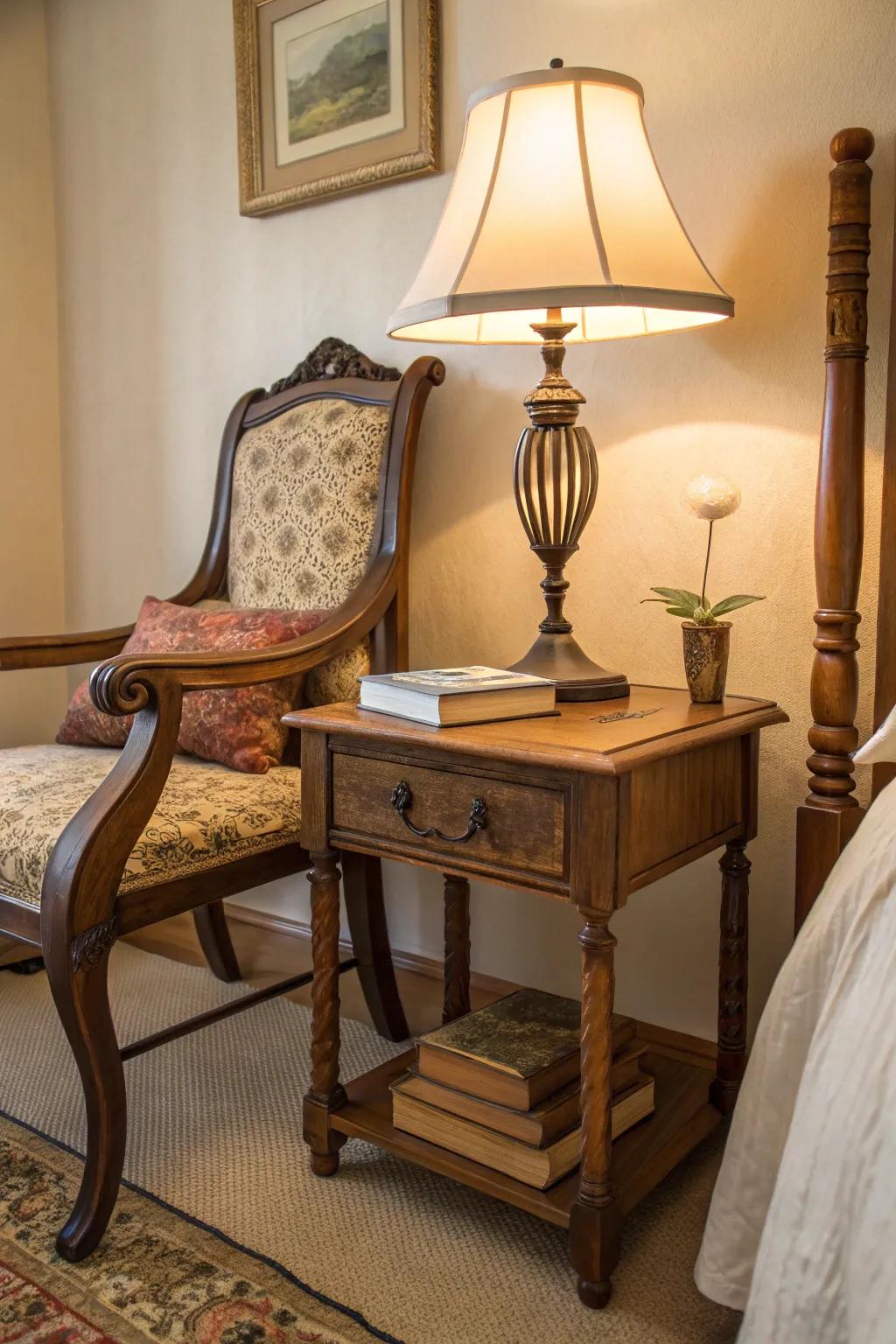 A vintage chair creatively doubles as a bedside table.