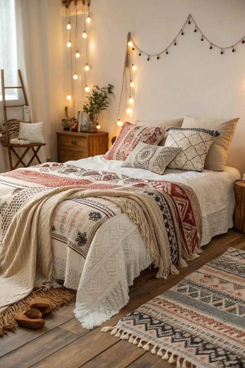 Superimposed fabrics infuse heat and profundity into this petite boho bedroom