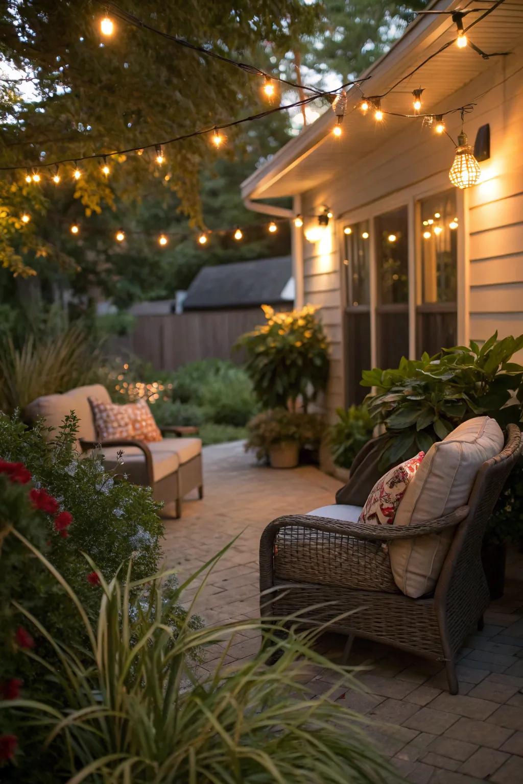 String lights create a magical ambiance for evening relaxation.