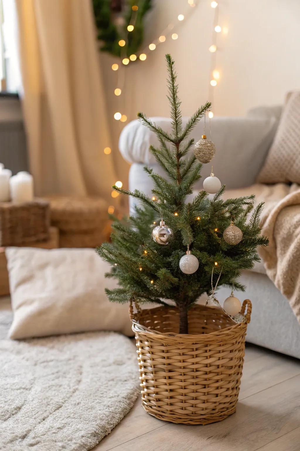 A petite evergreen nestled in an earthy basket base, ideal for a snug ambiance.