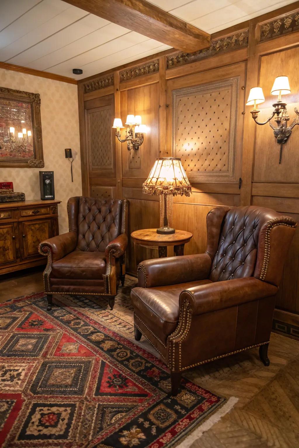 Deluxe leather seating enhances the classic ambiance of a compact cigar space.