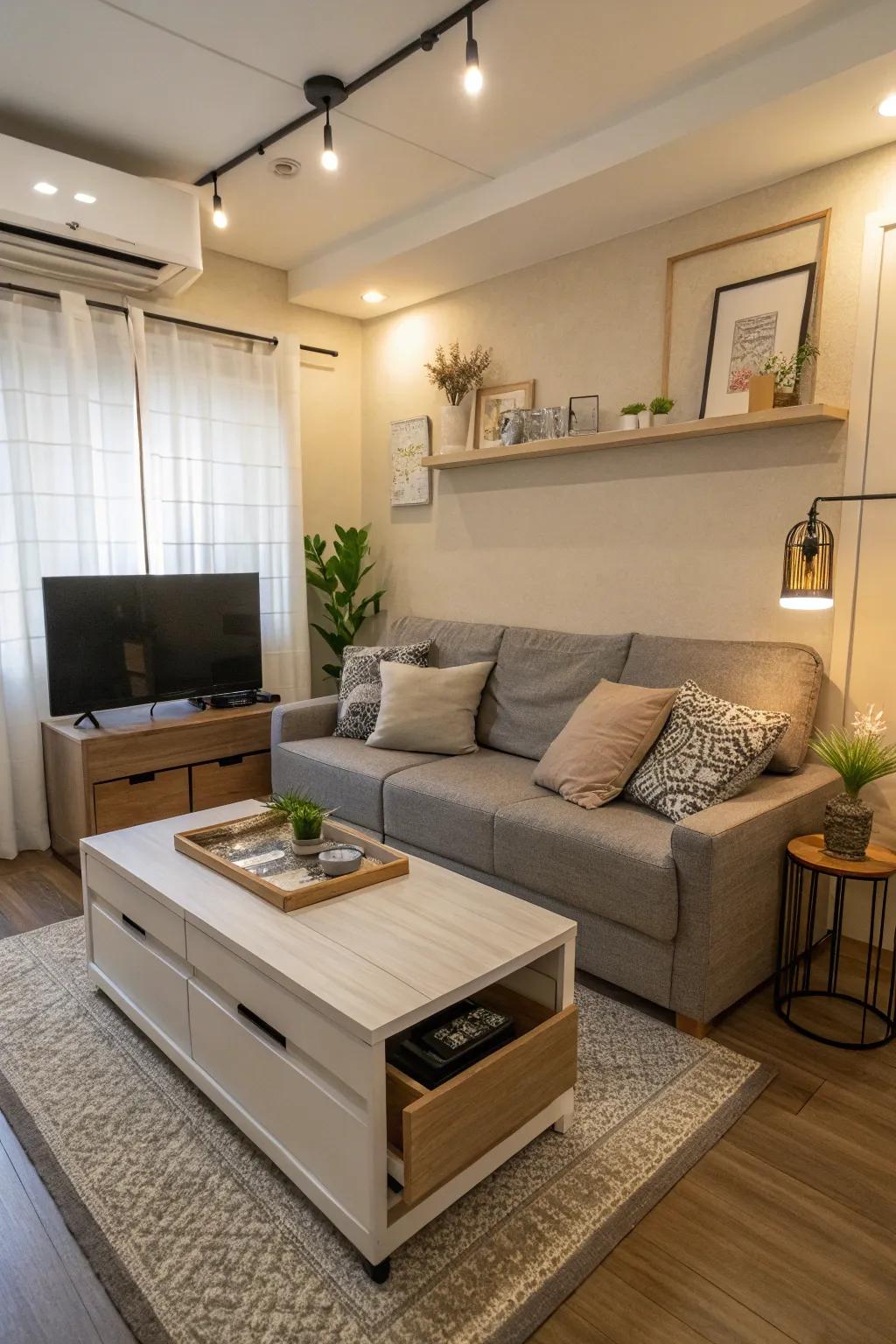 Multi-use furnishings are crucial for maximizing space.