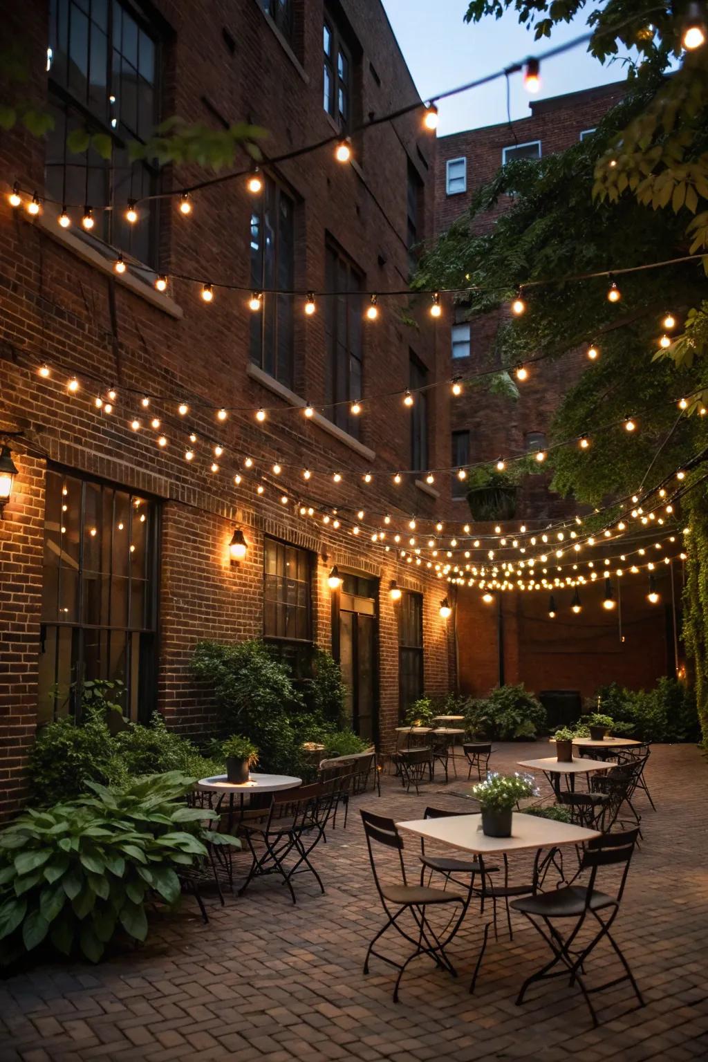 Twinkle illumination adds a mystical touch to a compact courtyard.