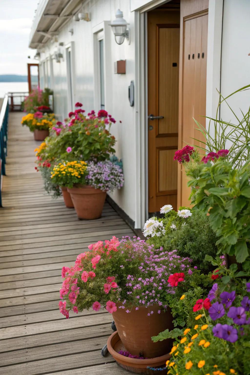 A lively deck entrance showcasing different potted plants.