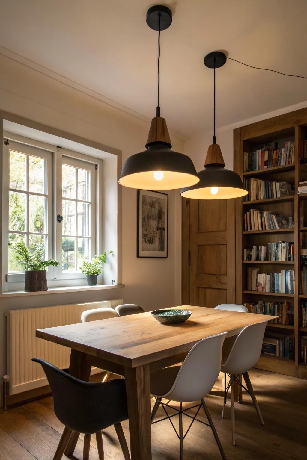 Suspension illumination instills a modern impression on limited dining spaces.