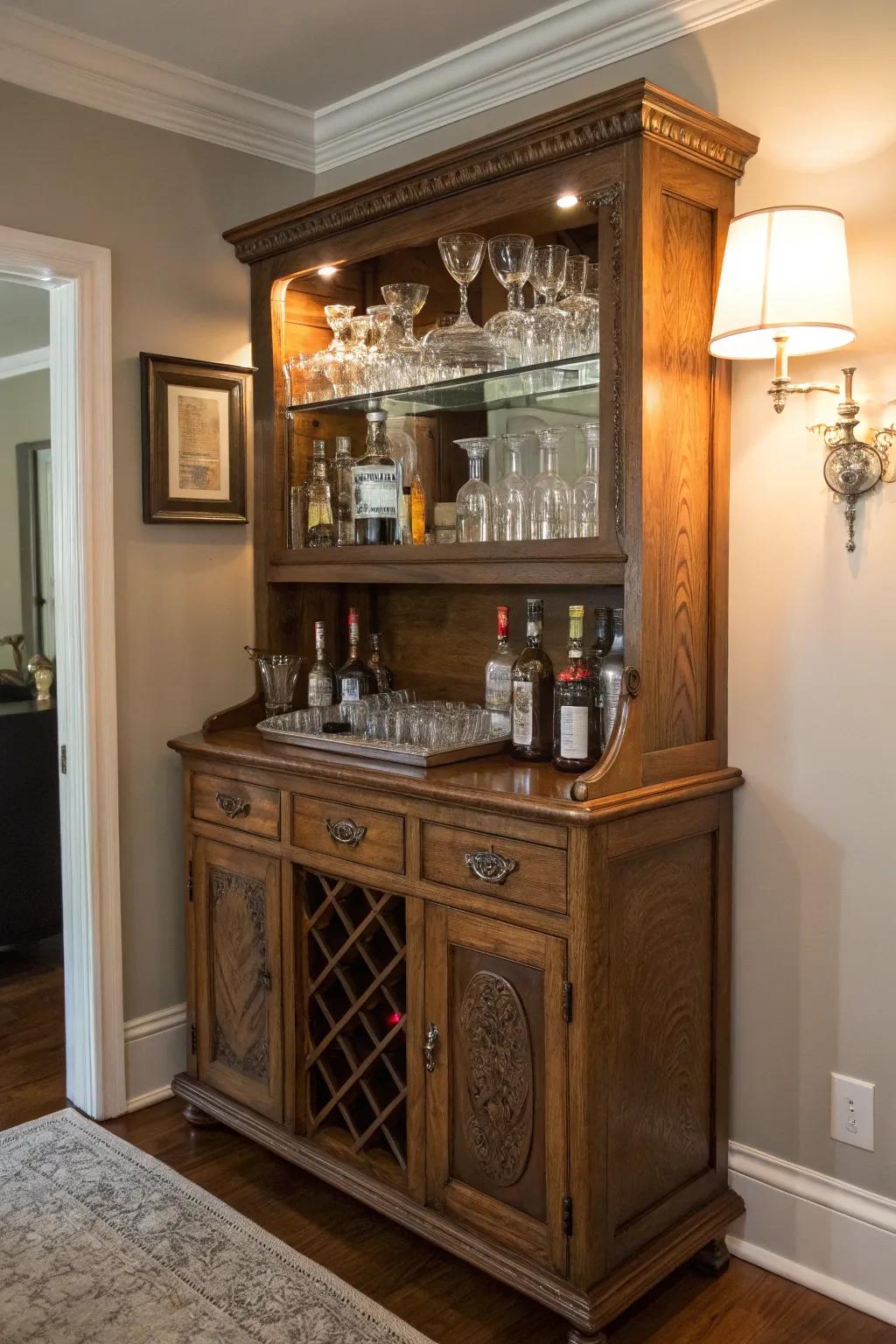 A heritage cabinet transformed into a stylish refreshment station.
