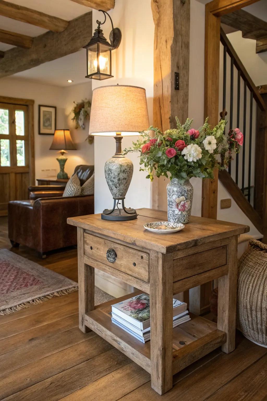 A rustic wood end table enhances the coziness of any cottage-style chamber.