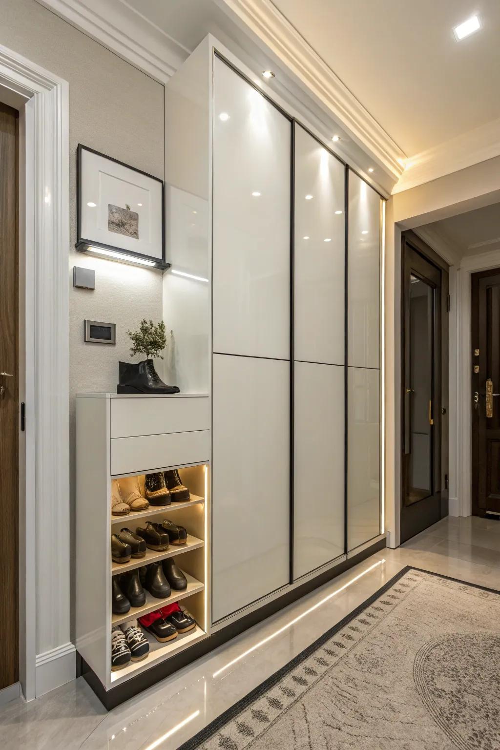 Enclosed footwear cabinets offer a polished and organized foyer.