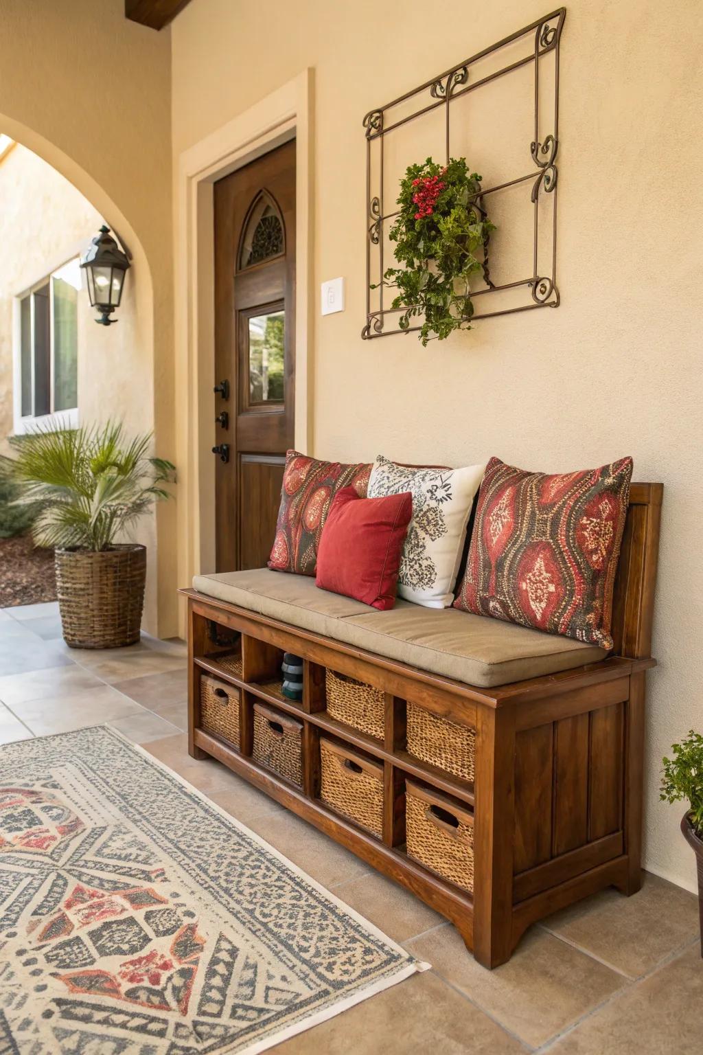 A seating unit featuring storage furnishes seating and conceals mess.
