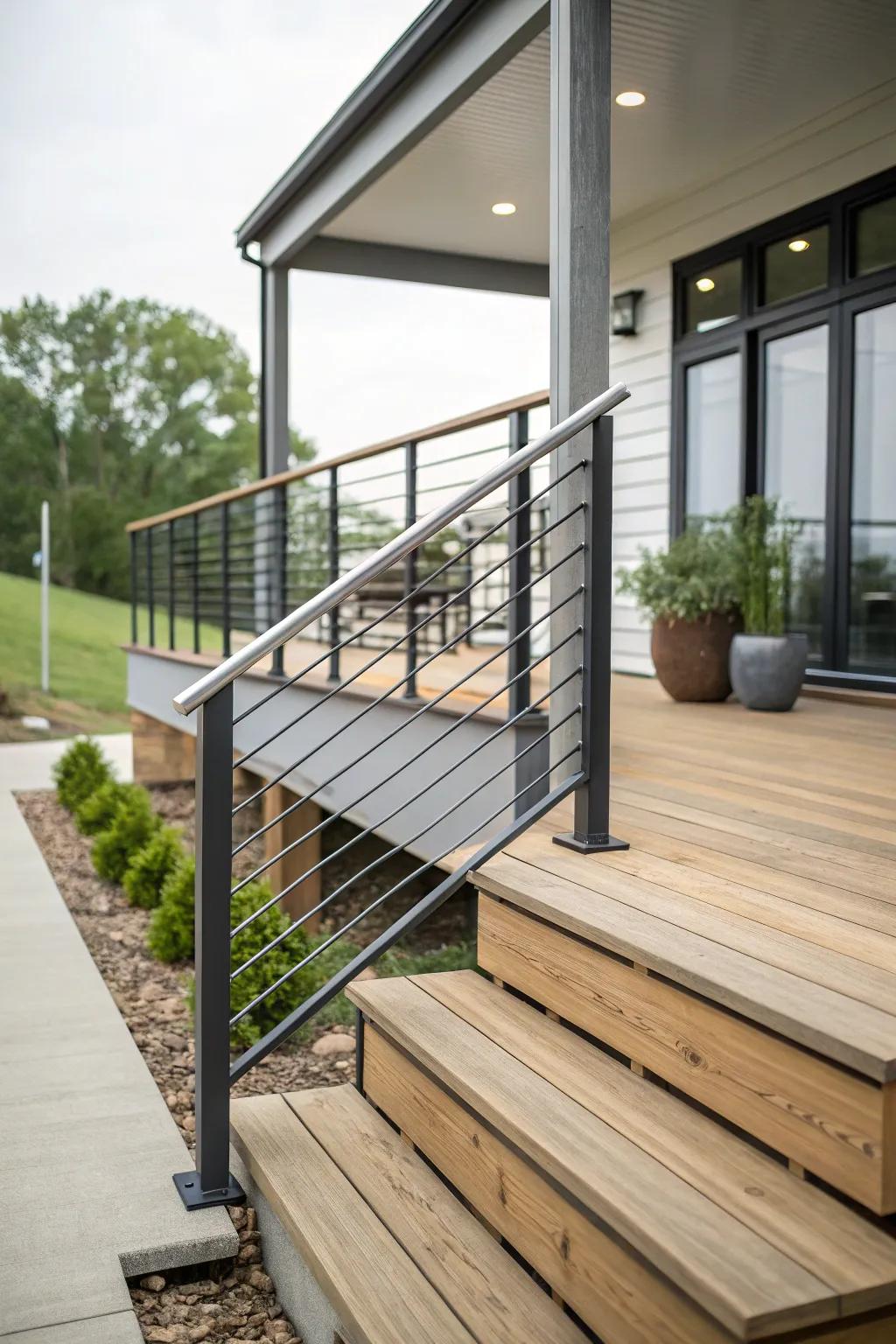 Modern railings add style to a small front deck.