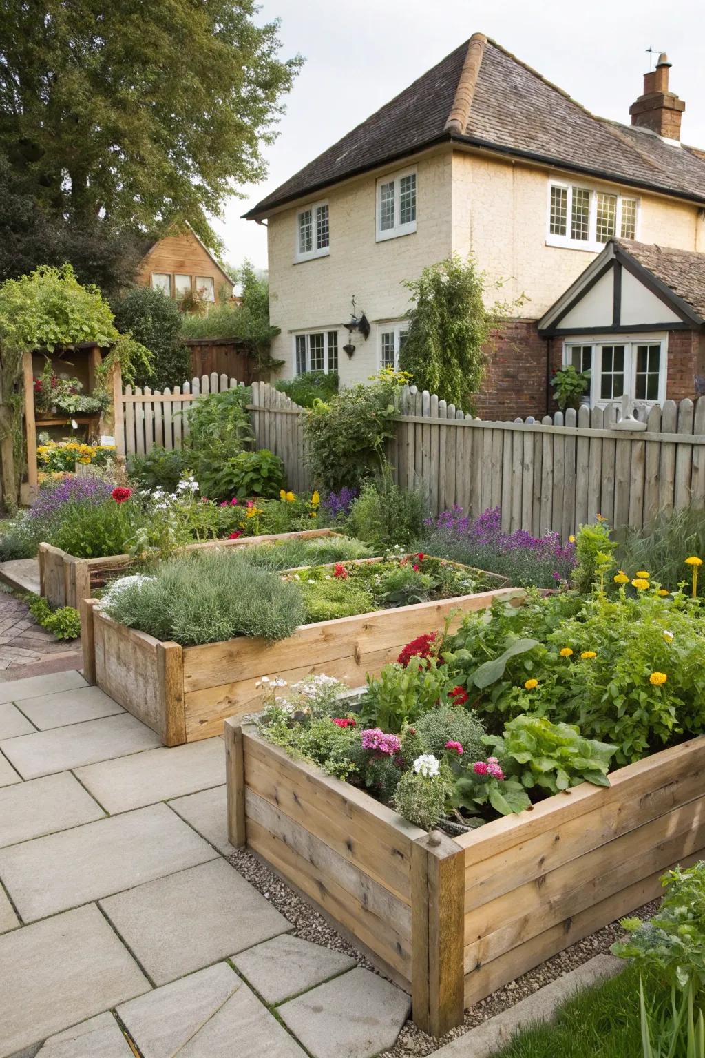 Elevated wooden beds overflowing with vibrant blossoms and herbs.