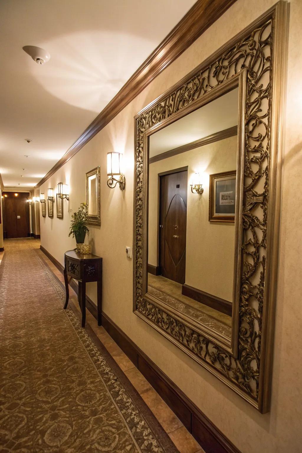 Reflective surfaces enrich the look of constricted corridors.