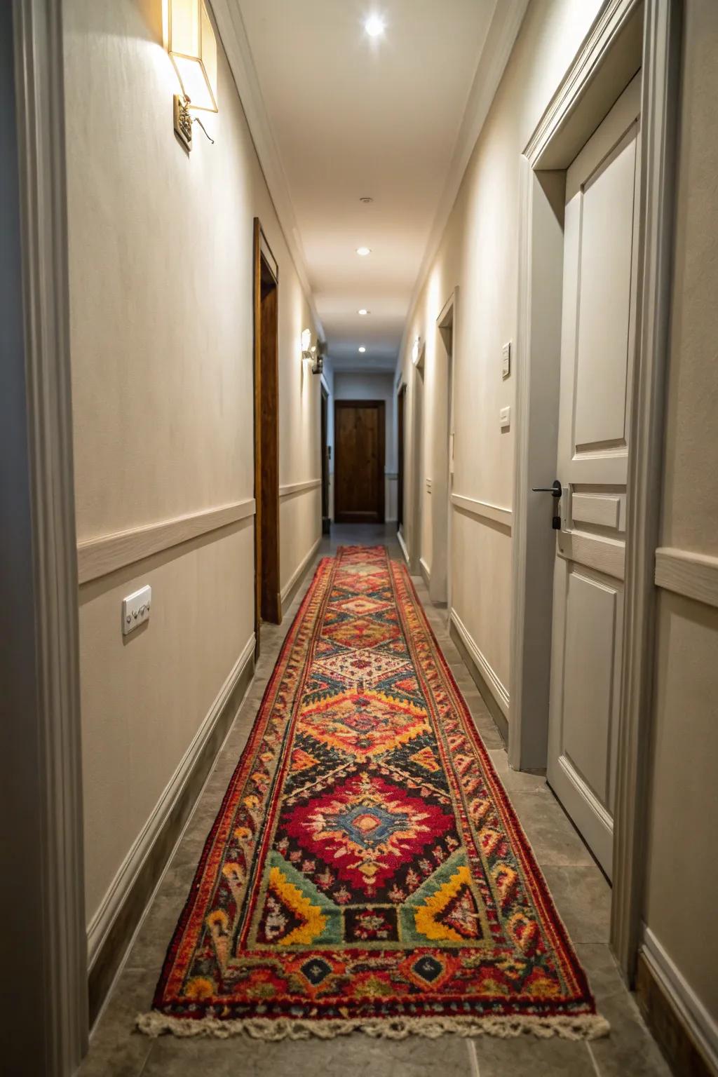 Runner rugs excel at injecting warmth and flair into hallways with limited width.