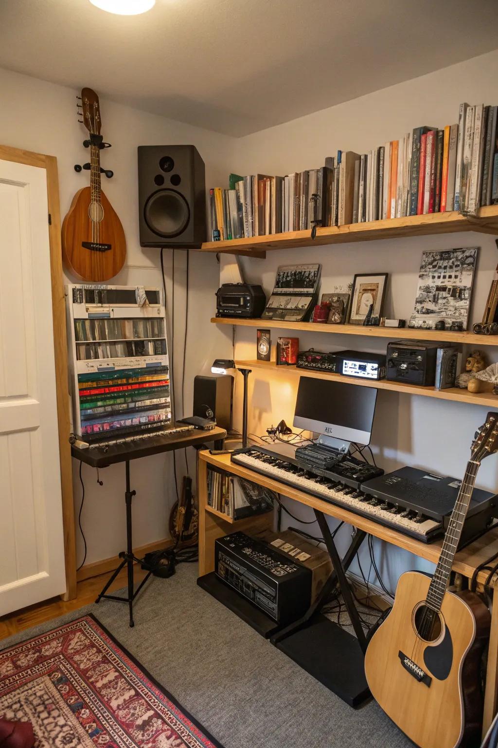 Wall-affixed shelving boosts area and accessibility.