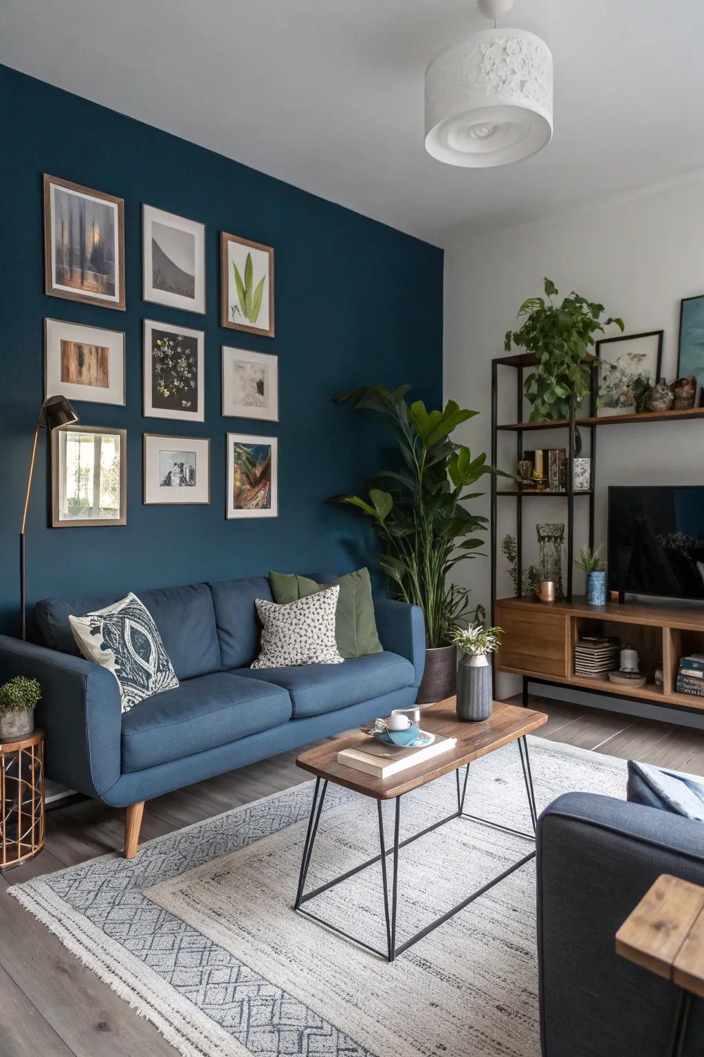 A compact living space featuring a rich navy feature wall for added dimension.