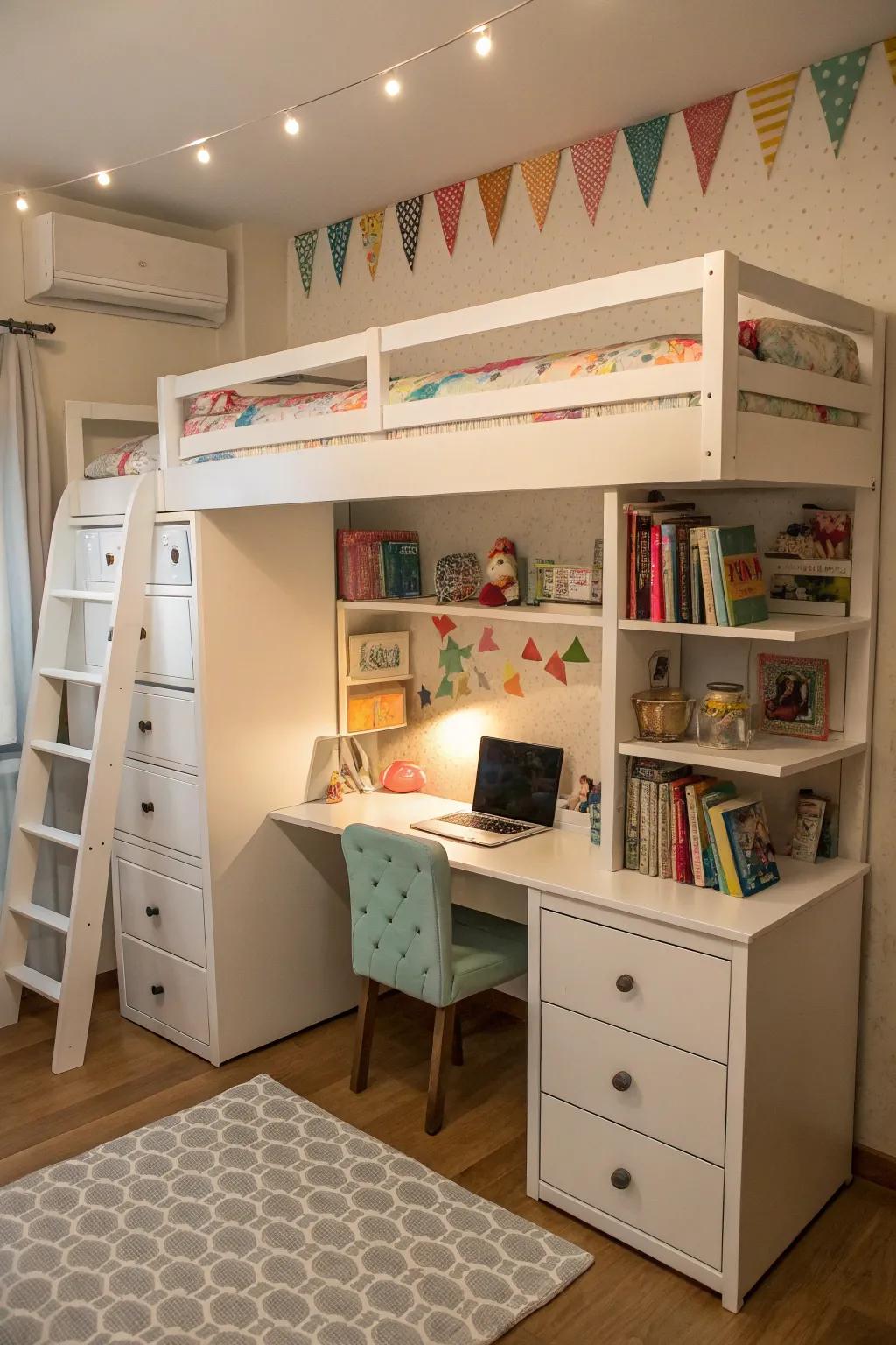 Elevated sleepers amalgamate slumber, scholastic pursuits, and stowage within a consolidated design.