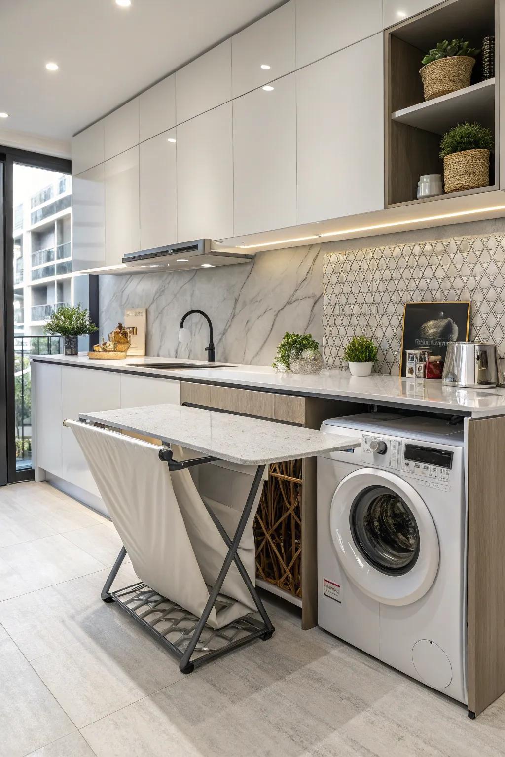 A modern kitchen with a foldable countertop that serves as a laundry folding station.