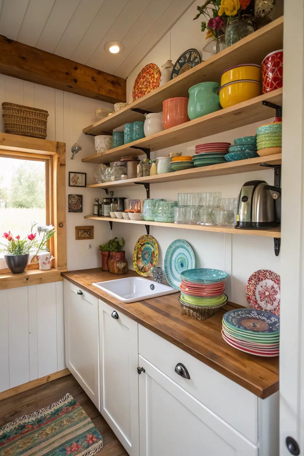 Uncovered shelving units incorporate style and practicality into a restricted kitchen environment.