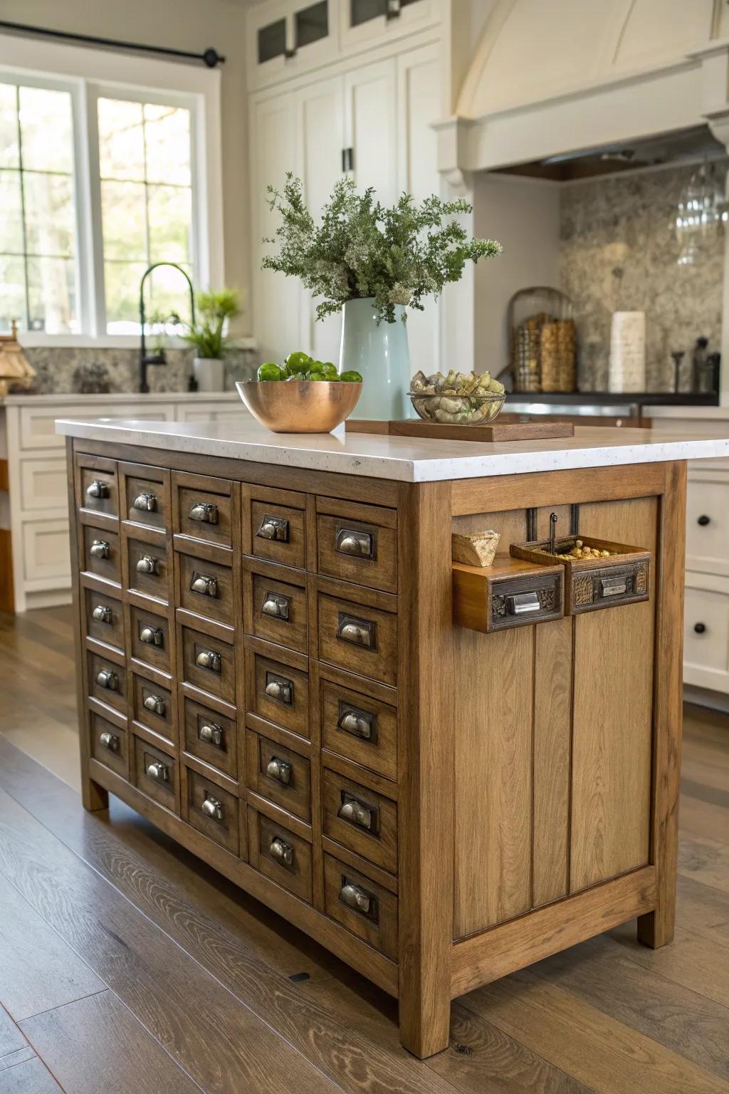 A distinctive centerpiece featuring old-fashioned drawers presenting allure and storage.
