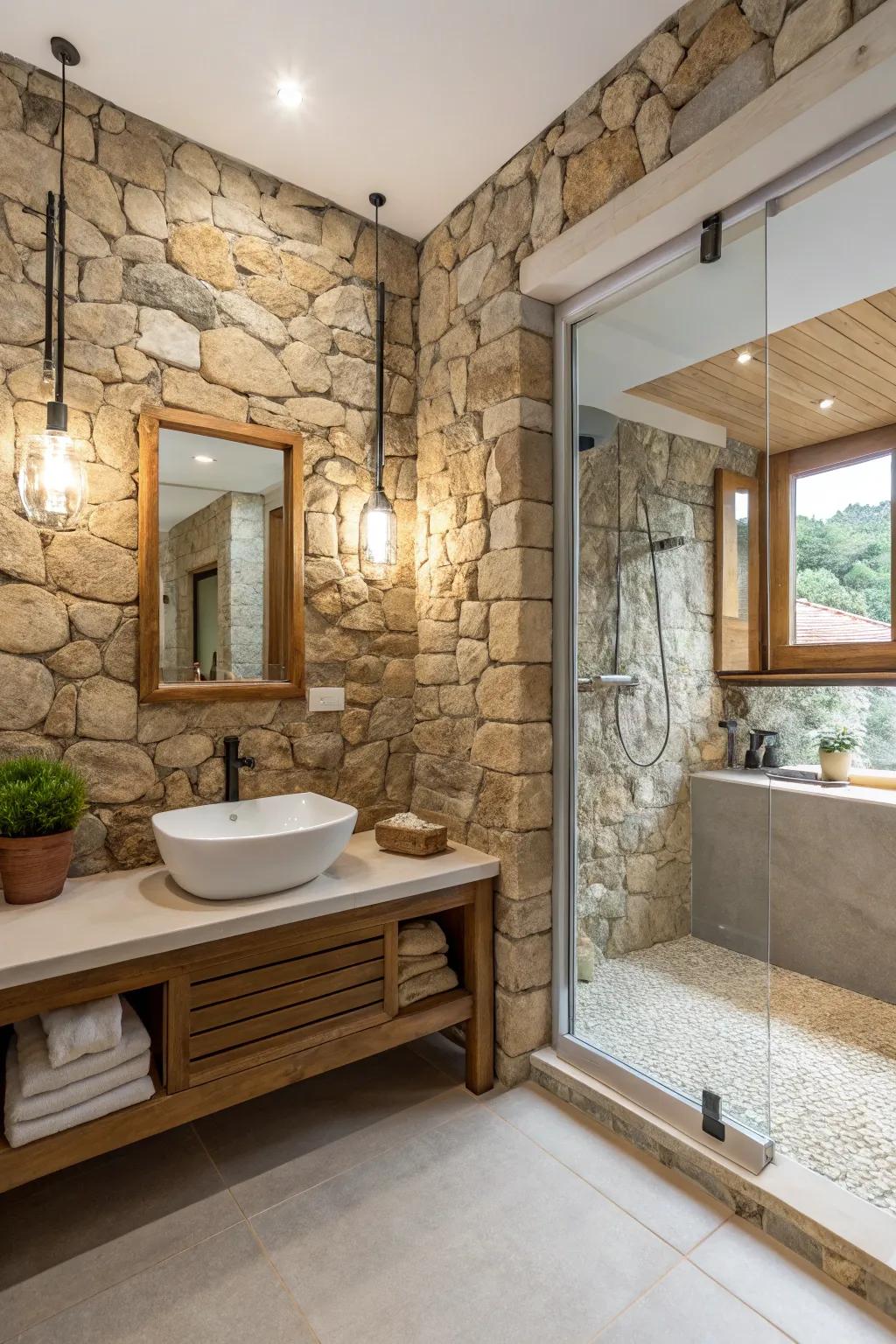 Stone walls add texture in a small modern rustic bathroom.