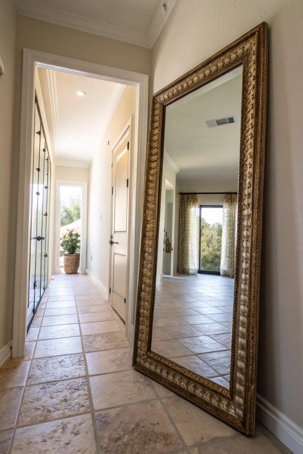Reflective surfaces can cause your slender passageway to seem more spacious and welcoming.