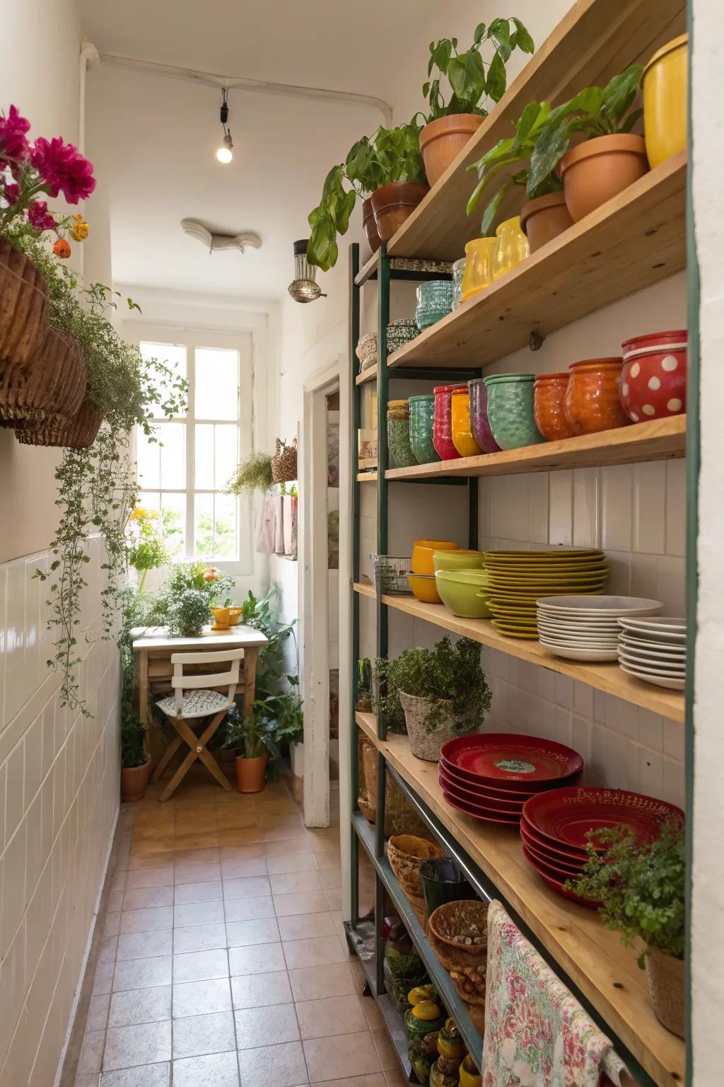 Revealing shelving infuses character and ease of access into this kitchen.