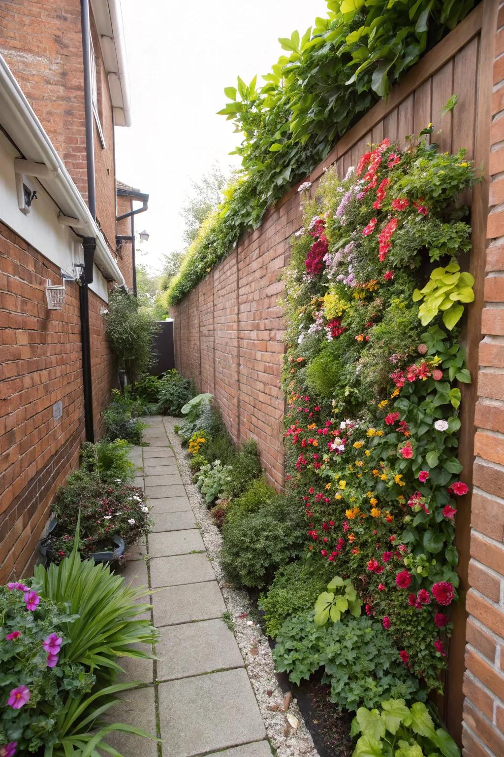 Elevated greenery maximizes restricted space, infusing verdure into confined side yards.