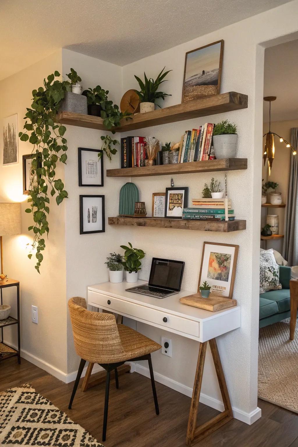 Floating shelves bring both flair and functionality to your corner office.