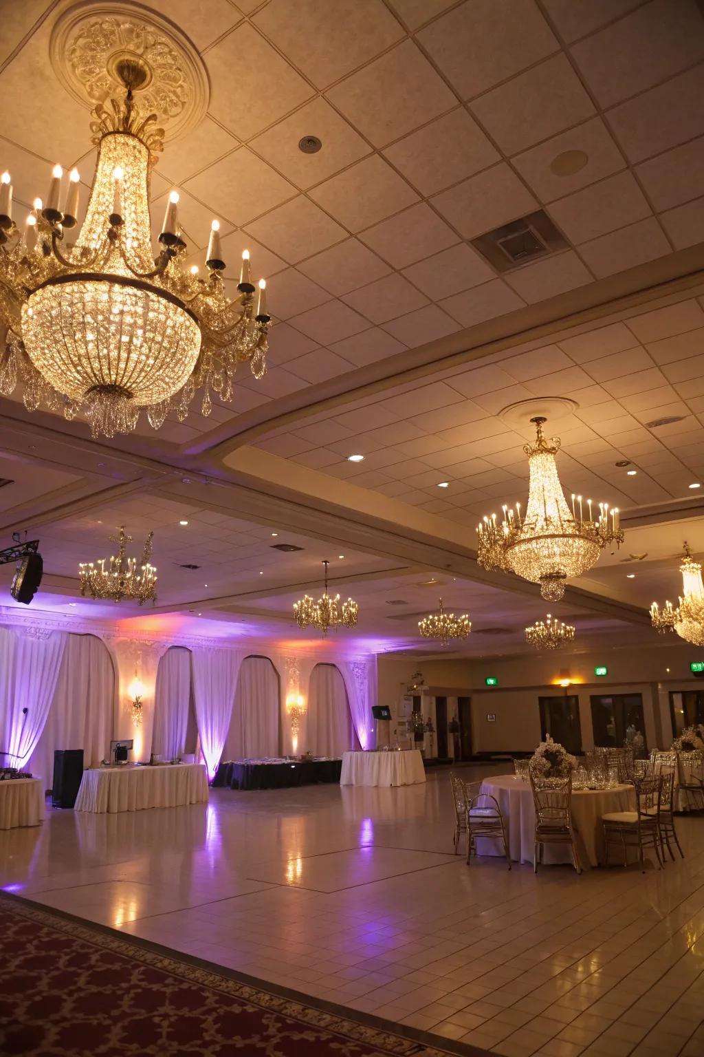 Chandeliers and up-lighting evoke an enchanting atmosphere in compact venues.