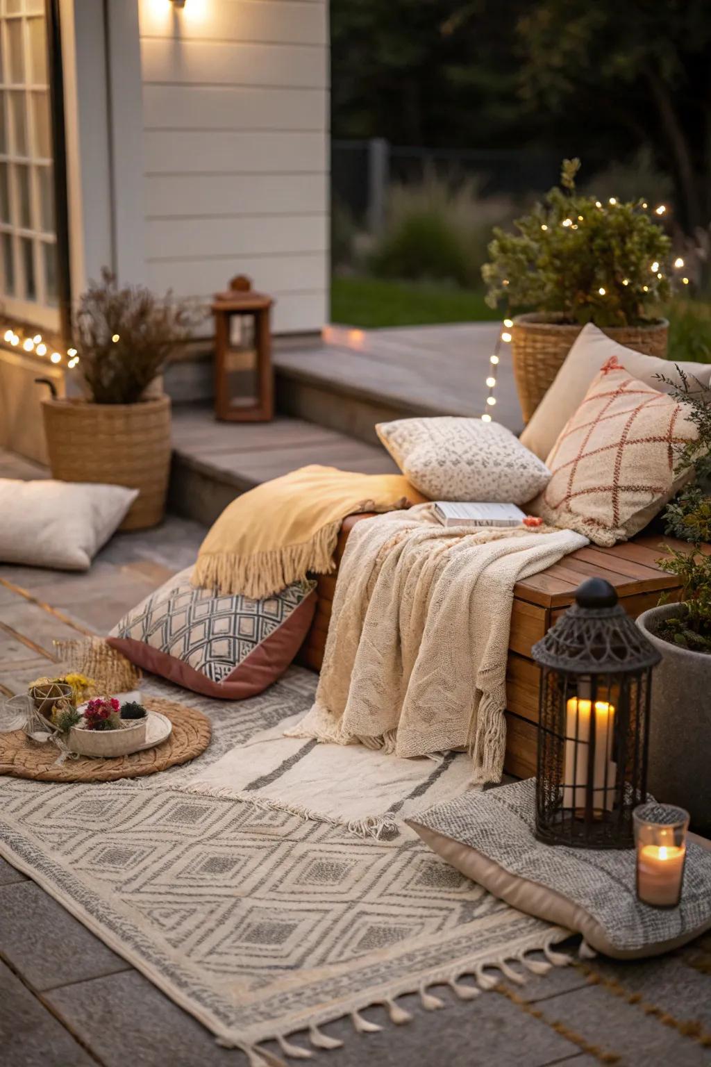 Cushions and throws bring warmth to a petite patio.