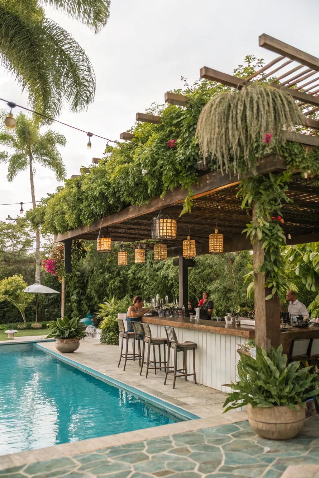 A pergola combines practicality and beauty, turning your pool bar into a cozy escape.