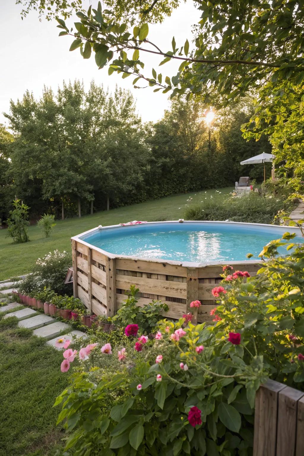 An inventive wood pallet surround enhances the charm of this above-ground pool.
