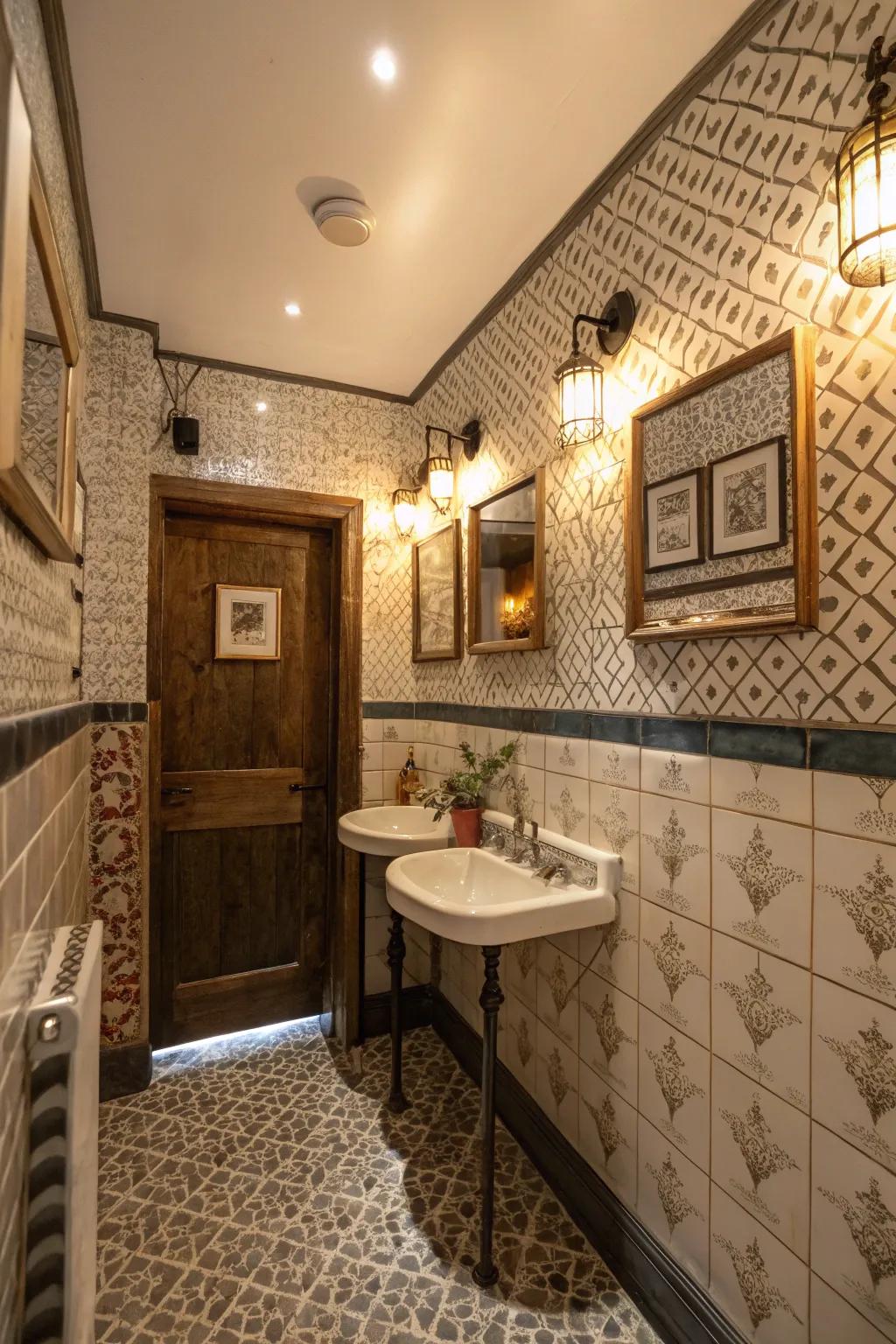 Eye-catching designs enhance the style of a small restroom.