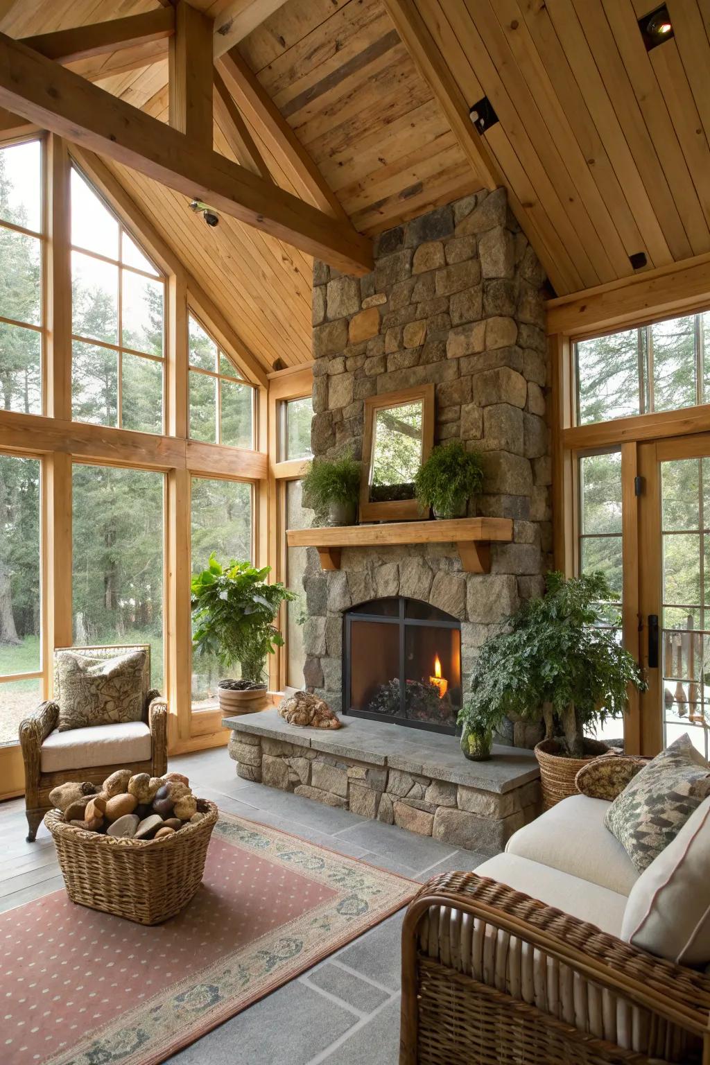 A rock fireplace infuses warmth and a natural essence into every sunroom.