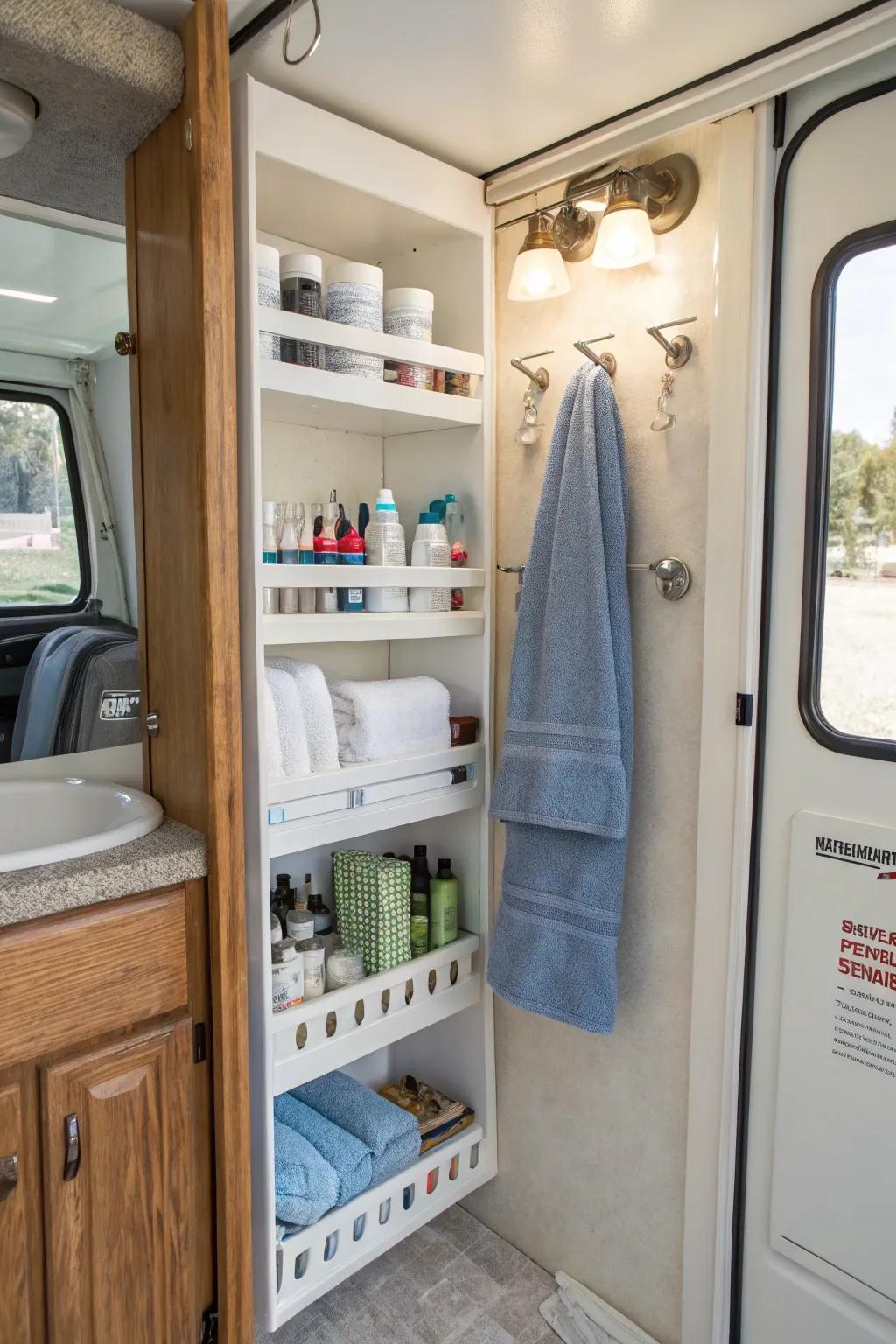 High-rise shelves and hooks provide ingenious storage answers for small areas.