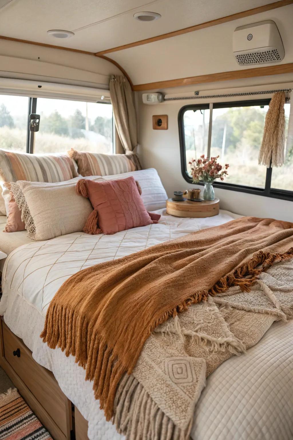 Using layered fabrics in your RV bedroom enhances warmth and adds a comforting touch.