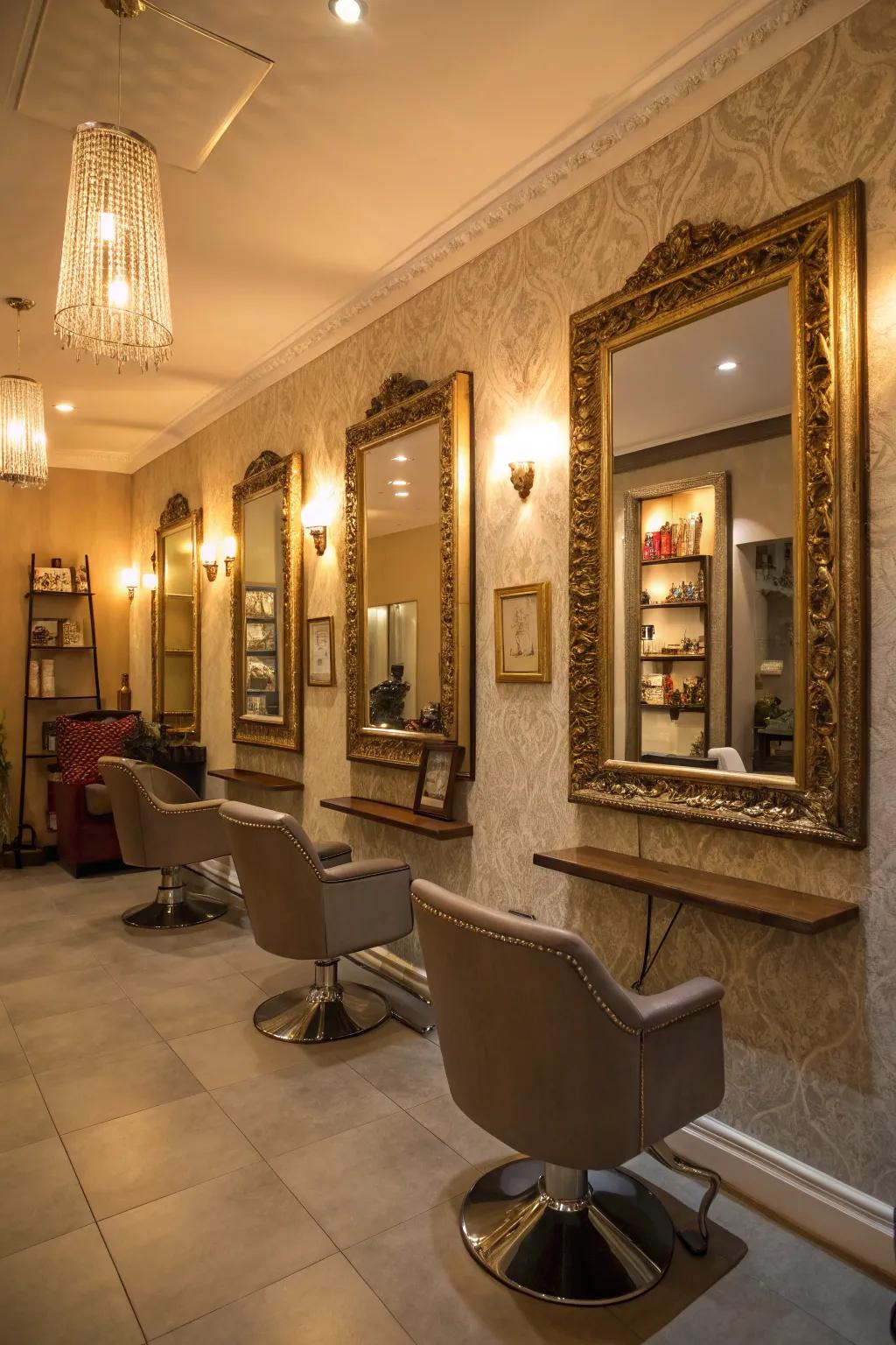 Mirrors artfully reflect light, expanding the salon's visual horizons.